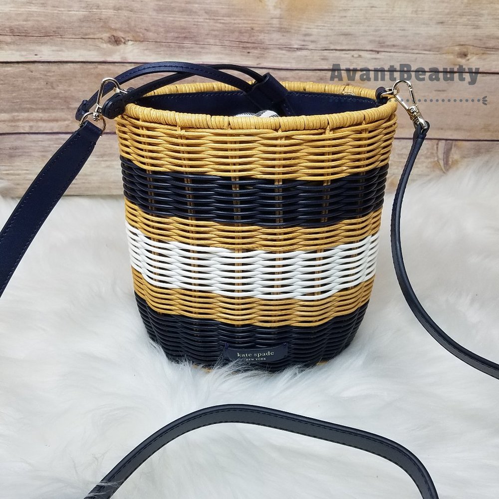Kate Spade Medium Bucket Bag Buoy Wicker Blue Mult - Picture 4 of 16